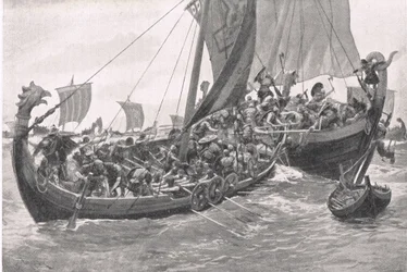 Première bataille navale de la Grande-Bretagne, illustration de British Battles on Land and Sea, publié par Cassell, Londres, vers 1910